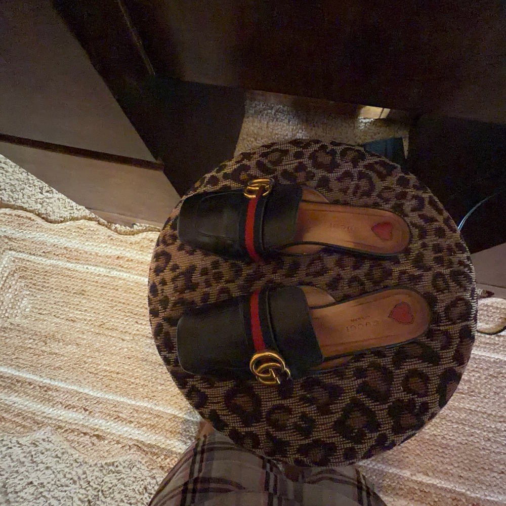 Gucci Black Leather Mules with Red-black Web and Gold Double G - Picture 5 of 11